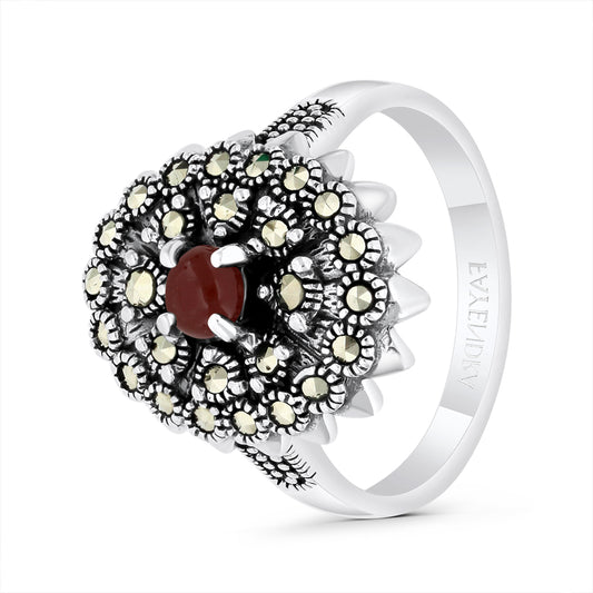 Sterling Silver 925 Ring Embedded With Natural Aqiq And Marcasite Stones