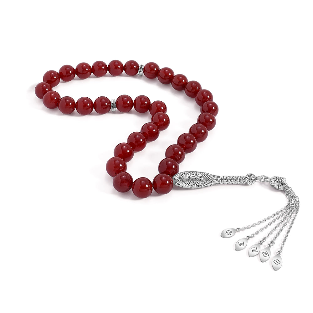 سبحة 33 احجار عقيق احمر غامق بيلية كابشون 12 مم طقم ستانلس ستيل عيار 316L مطلى فضي واسود