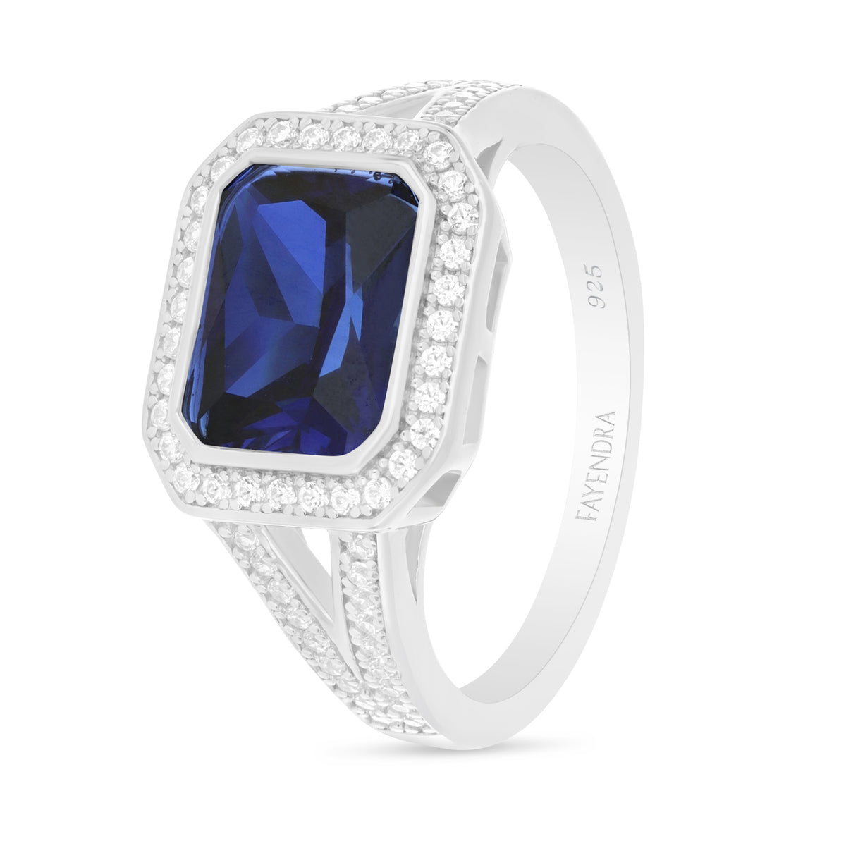 Sterling Silver 925 Ring Rhodium Plated Embedded With Sapphire Corundum And White Zircon