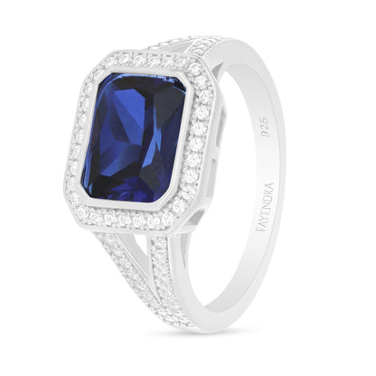 Sterling Silver 925 Ring Rhodium Plated Embedded With Sapphire Corundum And White Zircon