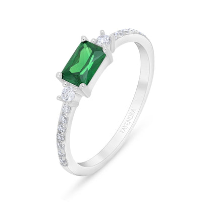 Sterling Silver 925 Ring Rhodium Plated Embedded With Emerald Zircon And White Zircon