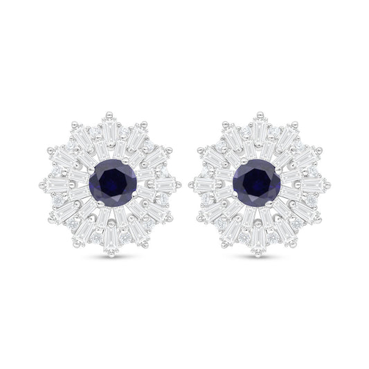Sterling Silver 925 Earring Rhodium Plated Embedded With Sapphire Corundum And White Zircon