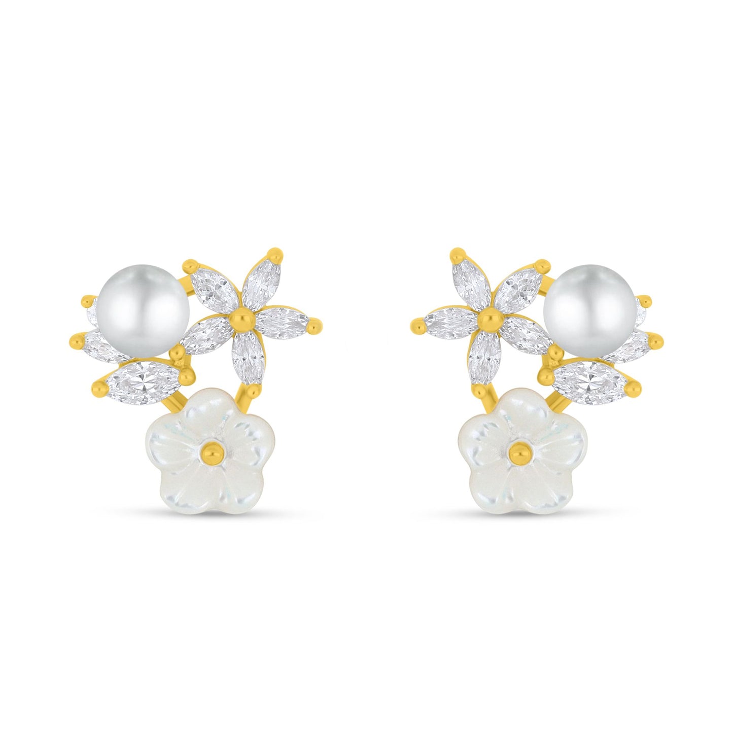 Sterling Silver 925 Earring Golden Plated Embedded With Natural White Pearl  And White Shell