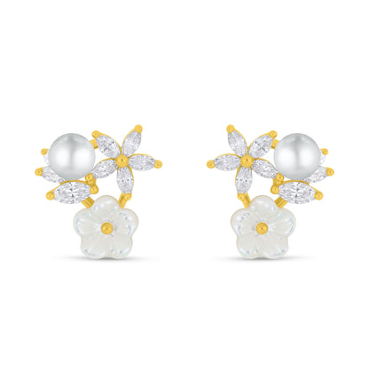 Sterling Silver 925 Earring Golden Plated Embedded With Natural White Pearl  And White Shell