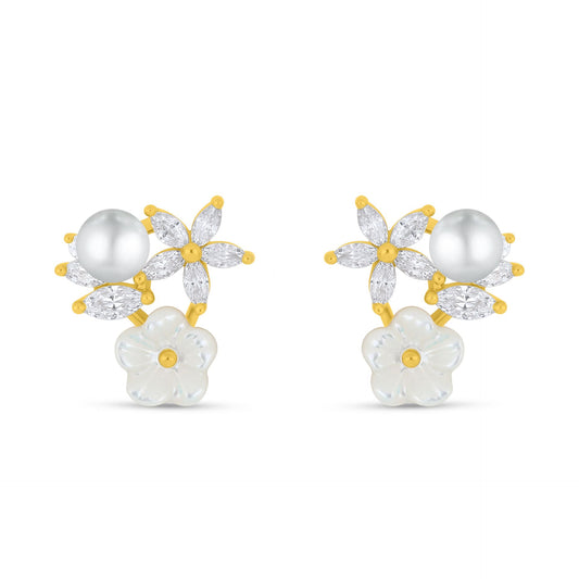 Sterling Silver 925 Earring Golden Plated Embedded With Natural White Pearl  And White Shell