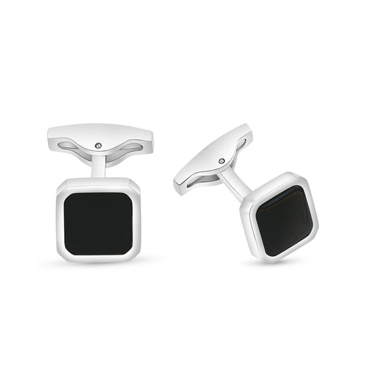 Stainless Steel Cufflink 316L Silver Color Embedded With Black Agate Shiny Steel