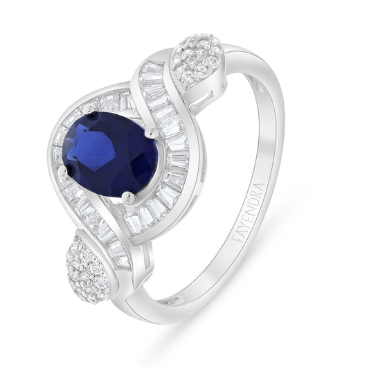 Sterling Silver 925 Ring Rhodium Plated Embedded With Sapphire Corundum And White Zircon
