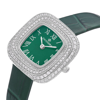 Stainless Steel 316 Watch Silver Color Green Leather Embedded With White Zircon - GREEN MOP DIAL