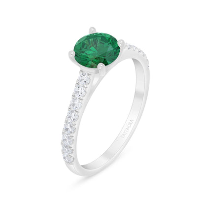 Sterling Silver 925 Ring Rhodium Plated Embedded With Emerald Zircon And White Zircon