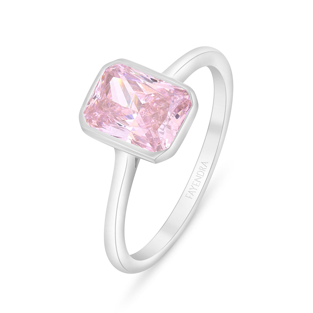 Sterling Silver 925 Ring Rhodium Plated Embedded With Pink Zircon