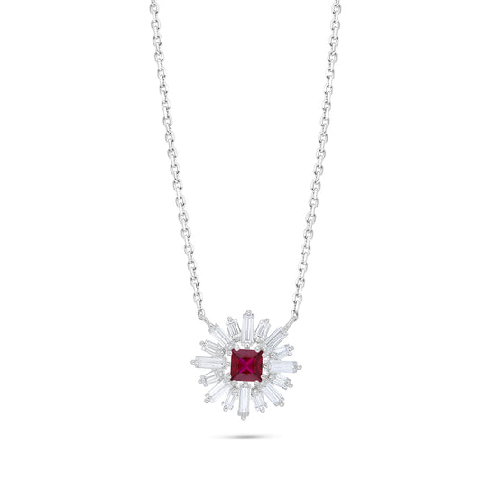 Sterling Silver 925 Necklace Rhodium Plated Embedded With Ruby Corundum And White Zircon