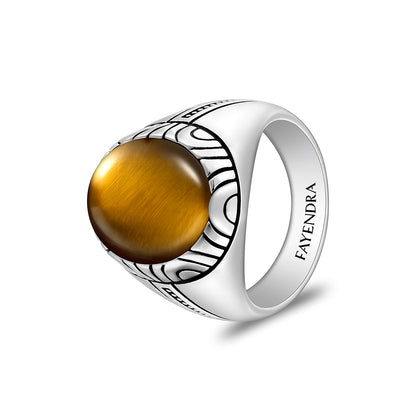 Sterling Silver 925 Ring Rhodium And Black Plated Embedded With Cabochon Yellow Tiger Eye For Men