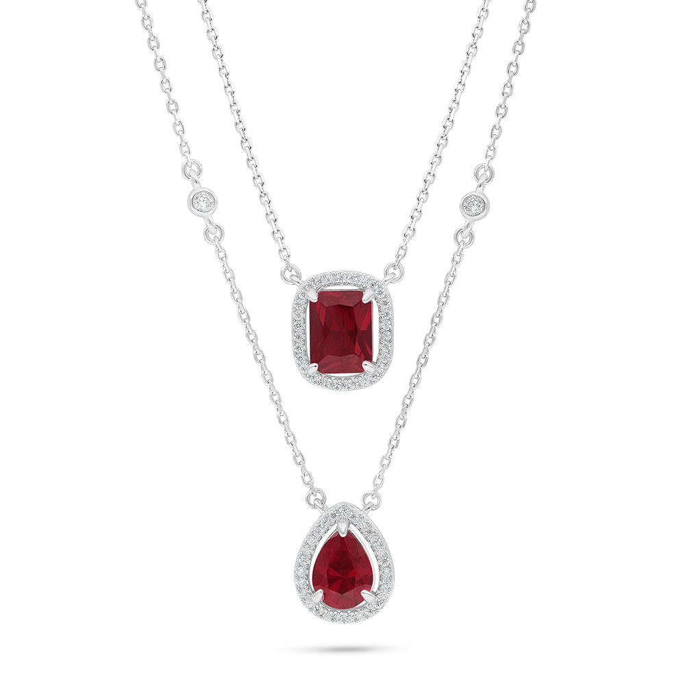 Sterling Silver 925 Necklace Rhodium Plated Embedded With Ruby Corundum And White Zircon