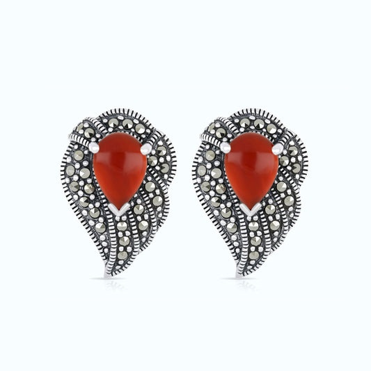 Sterling Silver 925 Earring Embedded With Natural Aqiq And Marcasite Stones