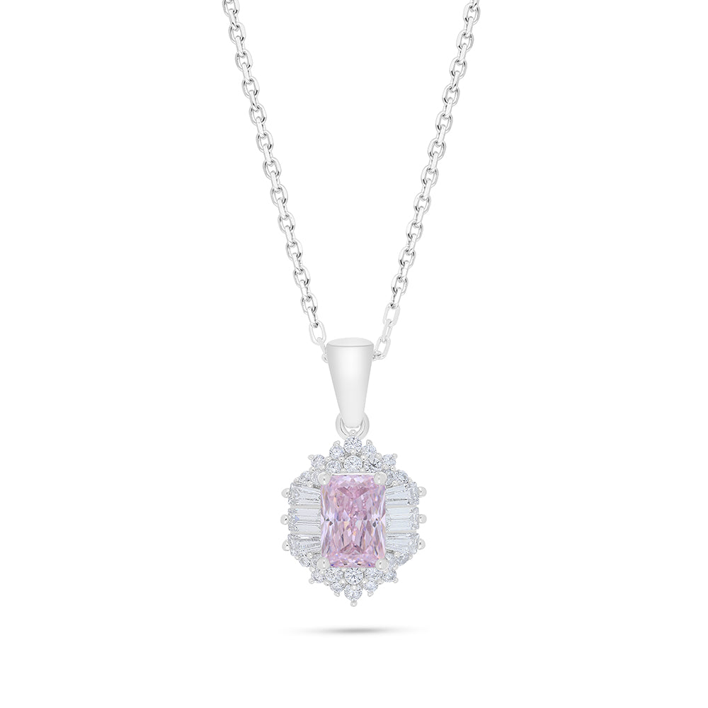 Sterling Silver 925 Necklace Rhodium Plated Embedded With Pink Zircon And White Zircon