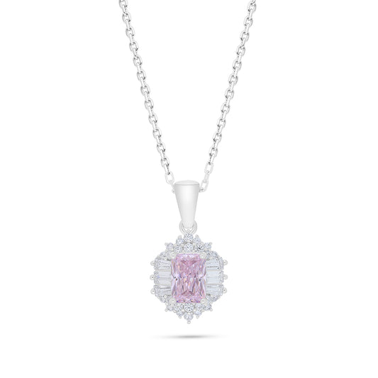 Sterling Silver 925 Necklace Rhodium Plated Embedded With Pink Zircon And White Zircon