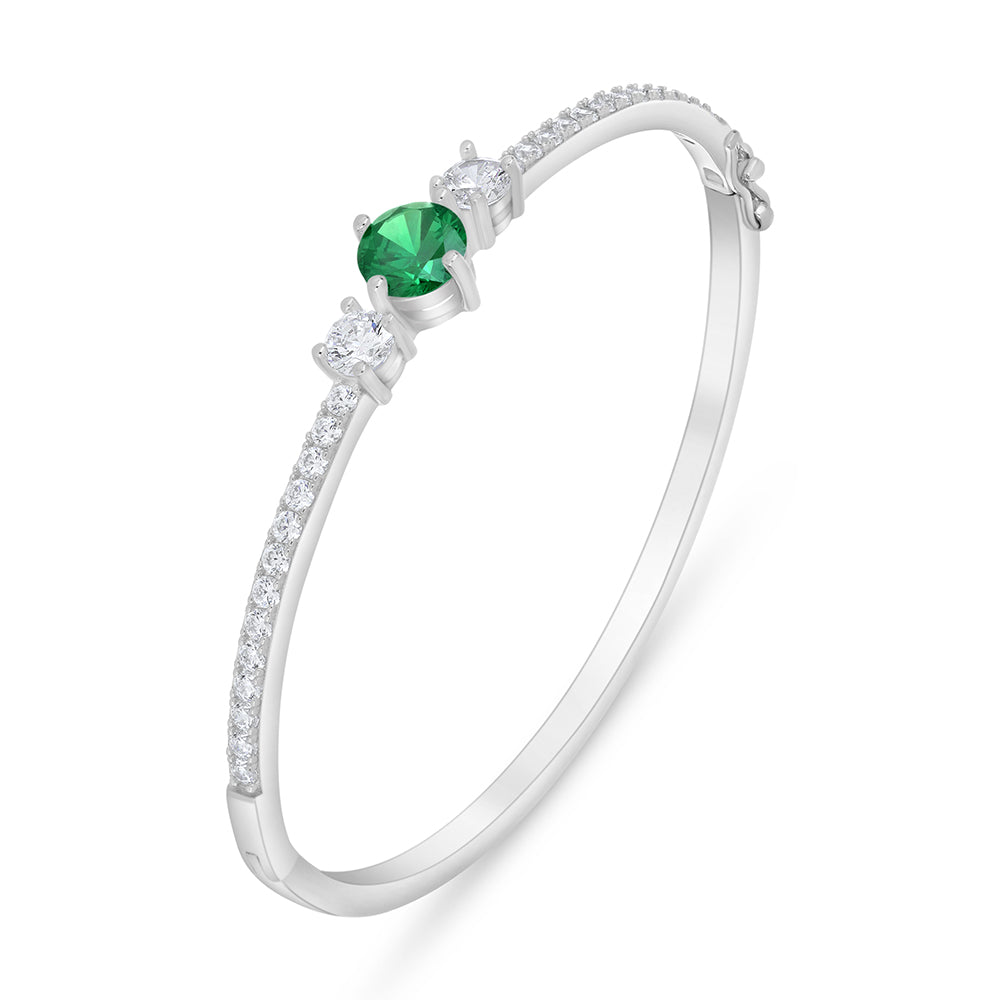 Sterling Silver 925 Bangle Rhodium Plated Embedded With Emerald Zircon And White Zircon ( 48*54 )