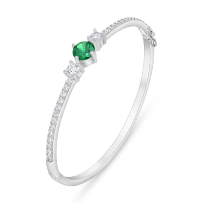 Sterling Silver 925 Bangle Rhodium Plated Embedded With Emerald Zircon And White Zircon ( 48*54 )