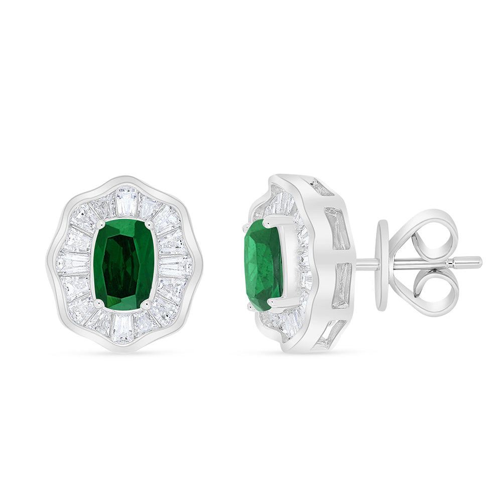 Sterling Silver 925 Earring Rhodium Plated Embedded With Emerald Zircon And White Zircon