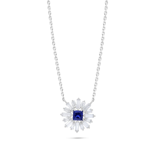 Sterling Silver 925 Necklace Rhodium Plated Embedded With Sapphire Corundum And White Zircon