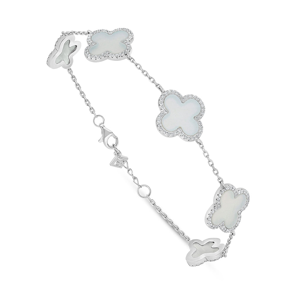 Sterling Silver 925 Bracelet Rhodium Plated Embedded With White Shell And White Zircon