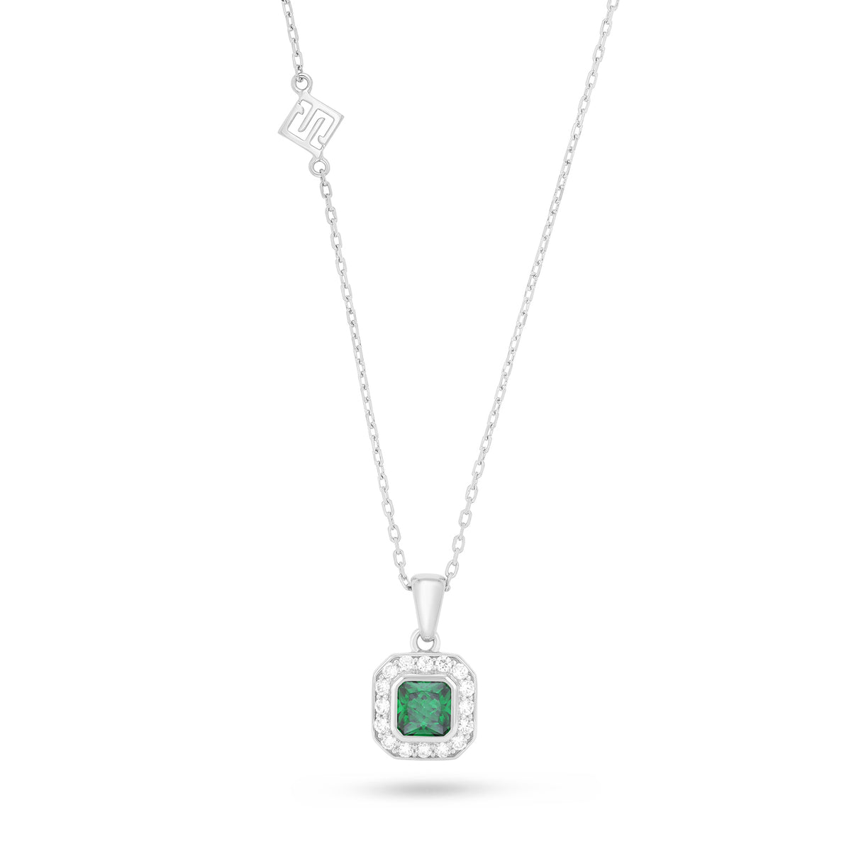Sterling Silver 925 Necklace Rhodium Plated Embedded With Emerald Zircon And White Zircon