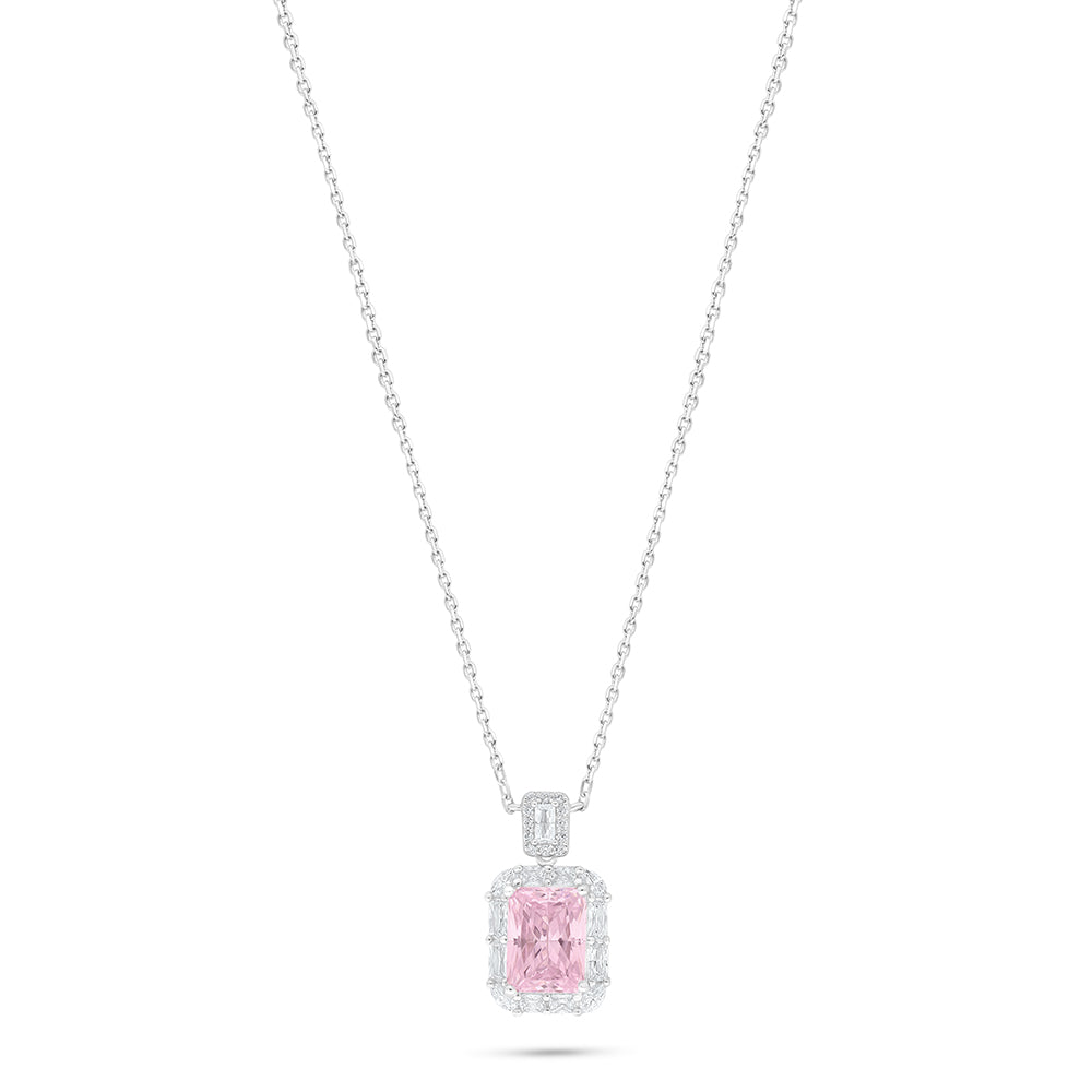 Sterling Silver 925 Necklace Rhodium Plated Embedded With Pink Zircon And White Zircon