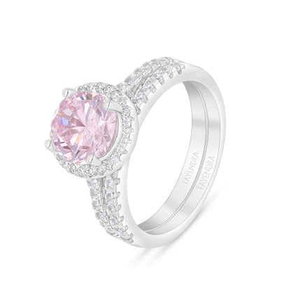 Sterling Silver 925 Ring (Twins) Rhodium Plated Embedded With Pink Zircon And White Zircon