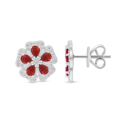 Sterling Silver 925 Earring Rhodium Plated Embedded With Ruby Corundum And White Zircon