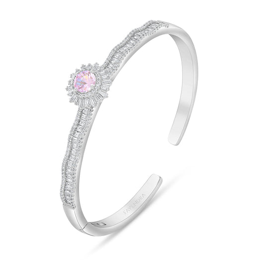 Sterling Silver 925 Bangle Rhodium Plated Embedded With Pink Zircon And White Zircon ( 52*58 )