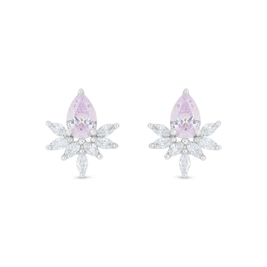 Sterling Silver 925 Earring Rhodium Plated Embedded With Pink Zircon And White Zircon