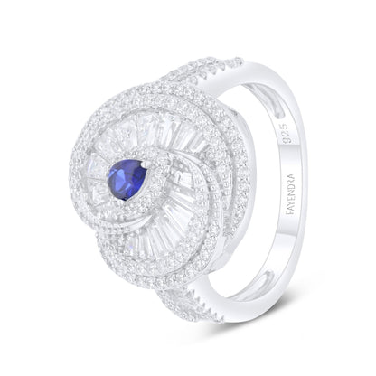 Sterling Silver 925 Ring Rhodium Plated Embedded With Sapphire Corundum And White Zircon
