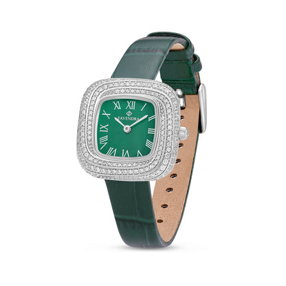 Stainless Steel 316 Watch Silver Color Green Leather Embedded With White Zircon - GREEN MOP DIAL