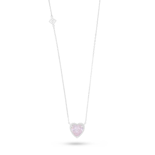 Sterling Silver 925 Necklace Rhodium Plated Embedded With Pink Zircon And White Zircon
