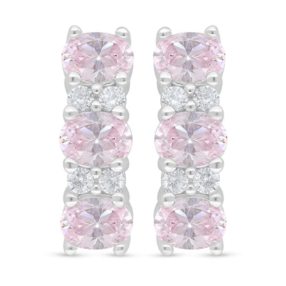 Sterling Silver 925 Earring Rhodium Plated Embedded With Pink Zircon And White Zircon