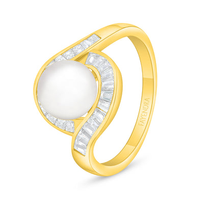 Sterling Silver 925 Ring Golden Plated Embedded With Natural White Pearl And White Zircon
