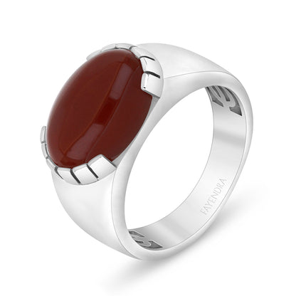 Sterling Silver 925 Ring Rhodium Plated Embedded With Cabochon Red Agate For Men