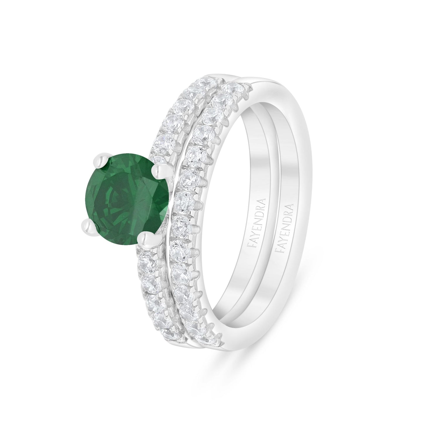 خاتم توينز من الفضة الخالصة عيار 925 مطلي روديوم مرصع زركون زمردي و فص ابيض