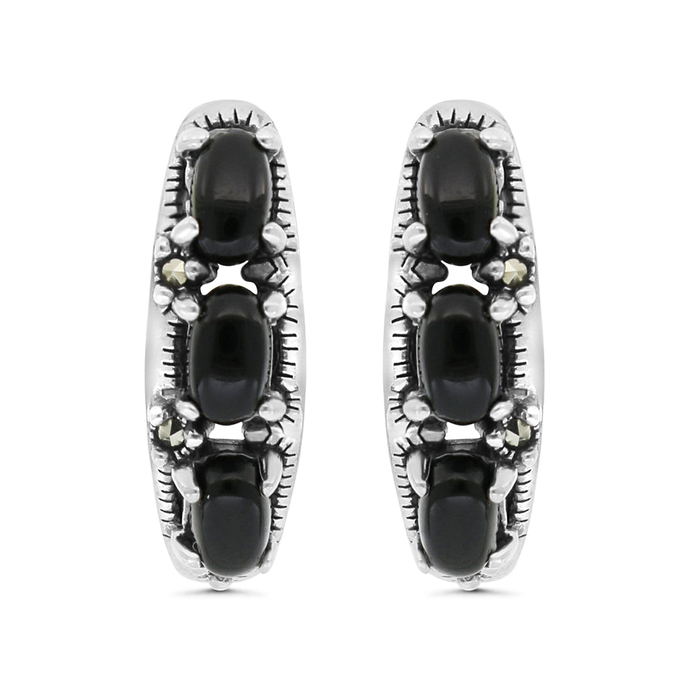 Sterling Silver 925 Earring Embedded With Natural Black Agate And Marcasite Stones
