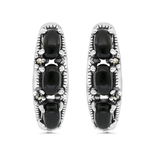 Sterling Silver 925 Earring Embedded With Natural Black Agate And Marcasite Stones