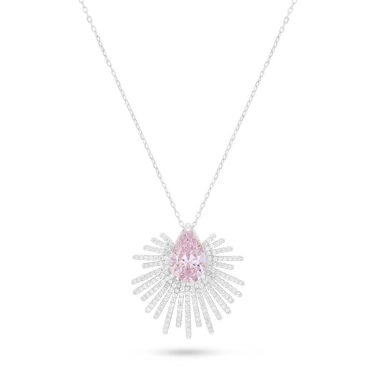 Sterling Silver 925 Necklace Rhodium Plated Embedded With Pink Zircon And White Zircon