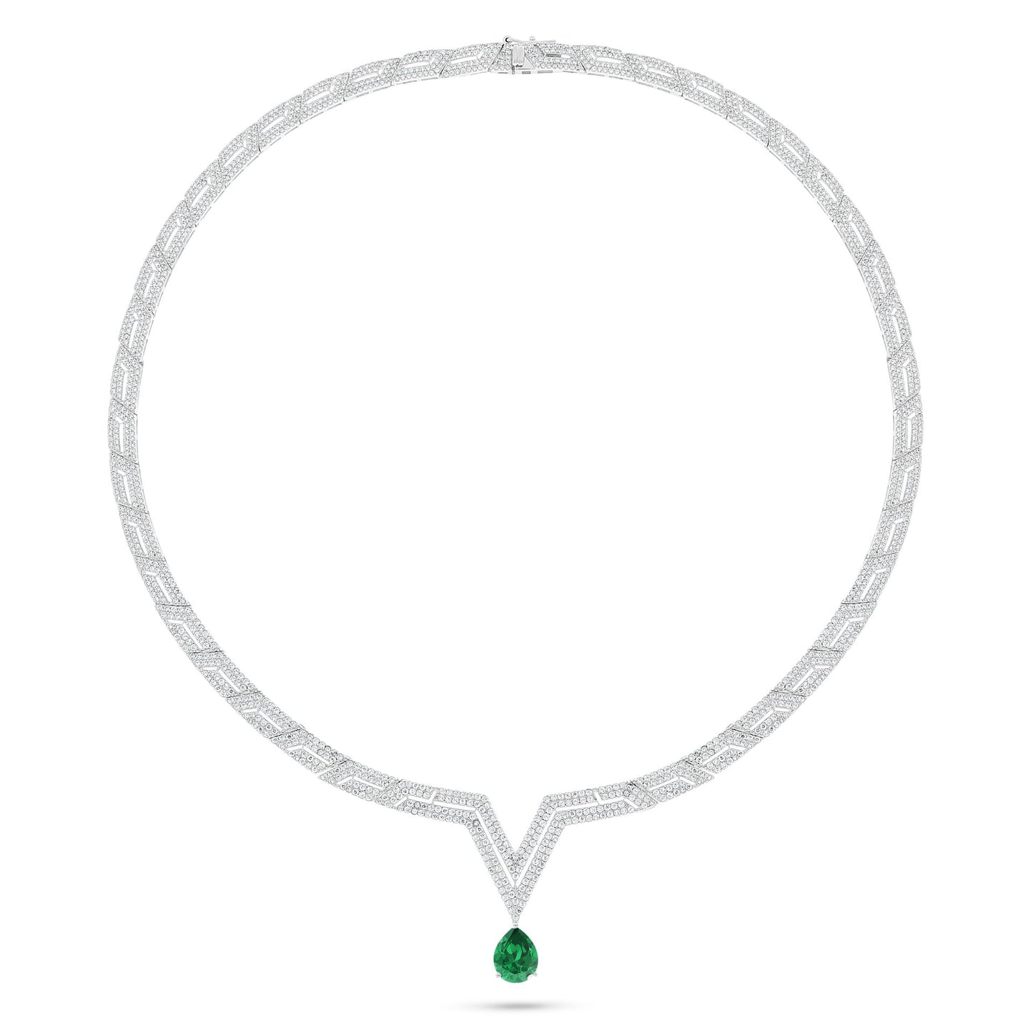 Sterling Silver 925 Necklace Rhodium Plated Embedded With Emerald Zircon And White Zircon