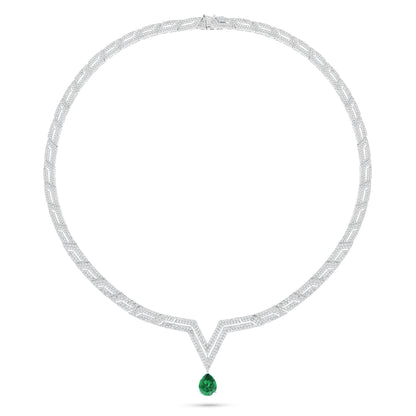 Sterling Silver 925 Necklace Rhodium Plated Embedded With Emerald Zircon And White Zircon