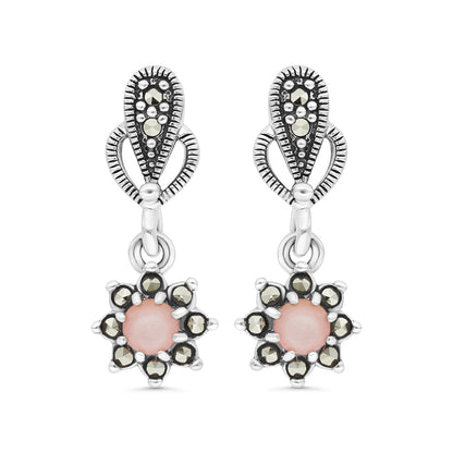 Sterling Silver 925 Set Embedded With Natural Pink Shell And Marcasite Stones