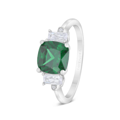Sterling Silver 925 Ring Rhodium Plated Embedded With Emerald Zircon And White CZ
