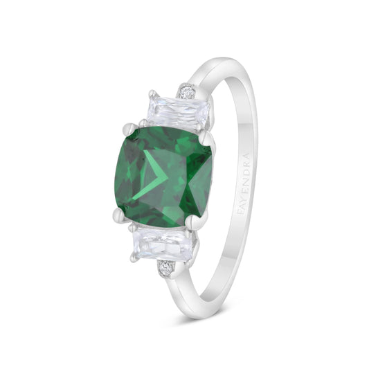 Sterling Silver 925 Ring Rhodium Plated Embedded With Emerald Zircon And White CZ