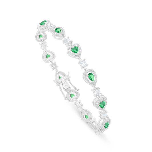 Sterling Silver 925 Bracelet Rhodium Plated Embedded With Emerald Zircon And White Zircon