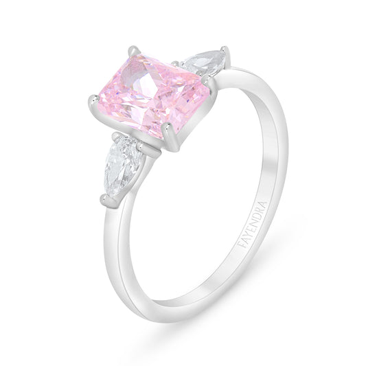 Sterling Silver 925 Ring Rhodium Plated Embedded With Pink Zircon And White Zircon