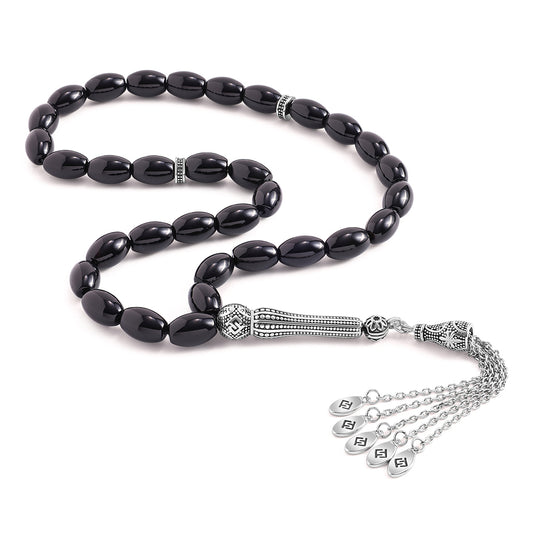 Rosary 33 Black Agete Olive Cabochon Beads 8*12 mm With Stainless Steel 316L Set Silver And Black Plated