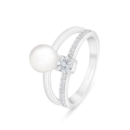 خاتم من الفضة الخالصة عيار 925 مطلي روديوم مرصع لولو ابيض طبيعي و فص ابيض